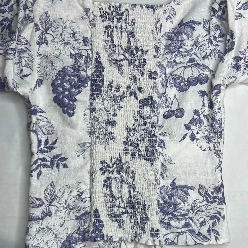 Reformation Stilton Linen Top Blue Toile Floral Long Sleeve Square Neck Size 2